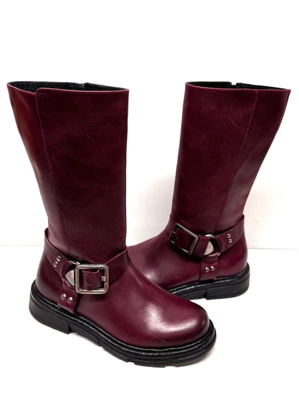 MIZ MOOZ TALL BOOTS SIDE ZIP BUCKLE 37EU WINE / 7US NEW # B 83